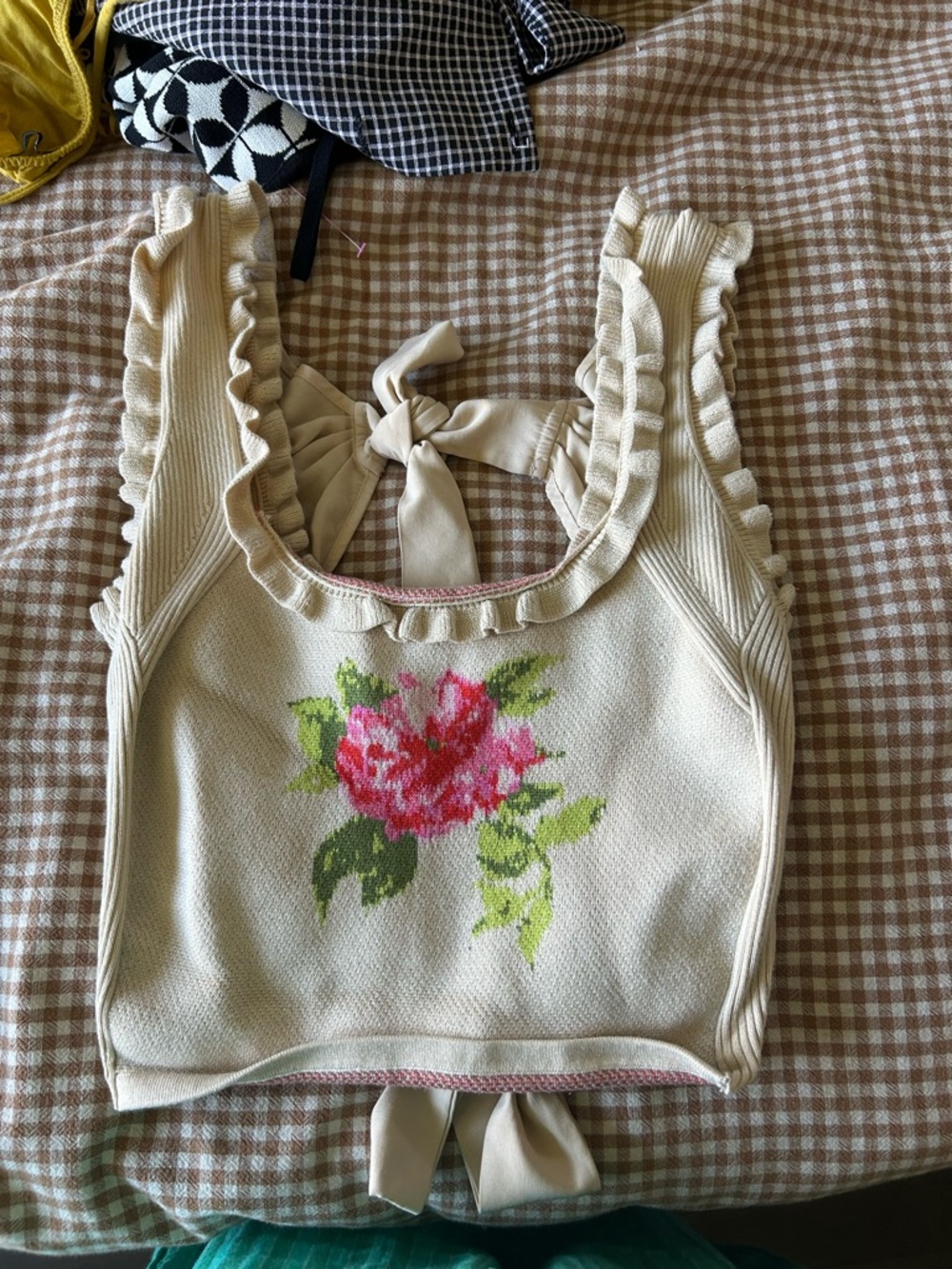 Anthropologie Floral Knit Tie-Back Tank with Ruffle Trim